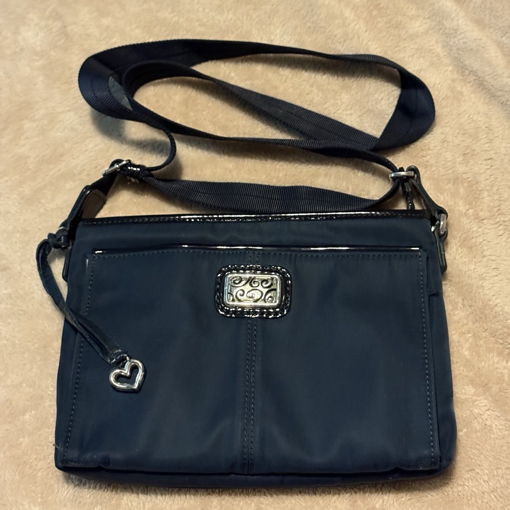 BRIGHTON Twister Squared Baldwin Crossbody Bag Black Patent Trim Organizer Purse